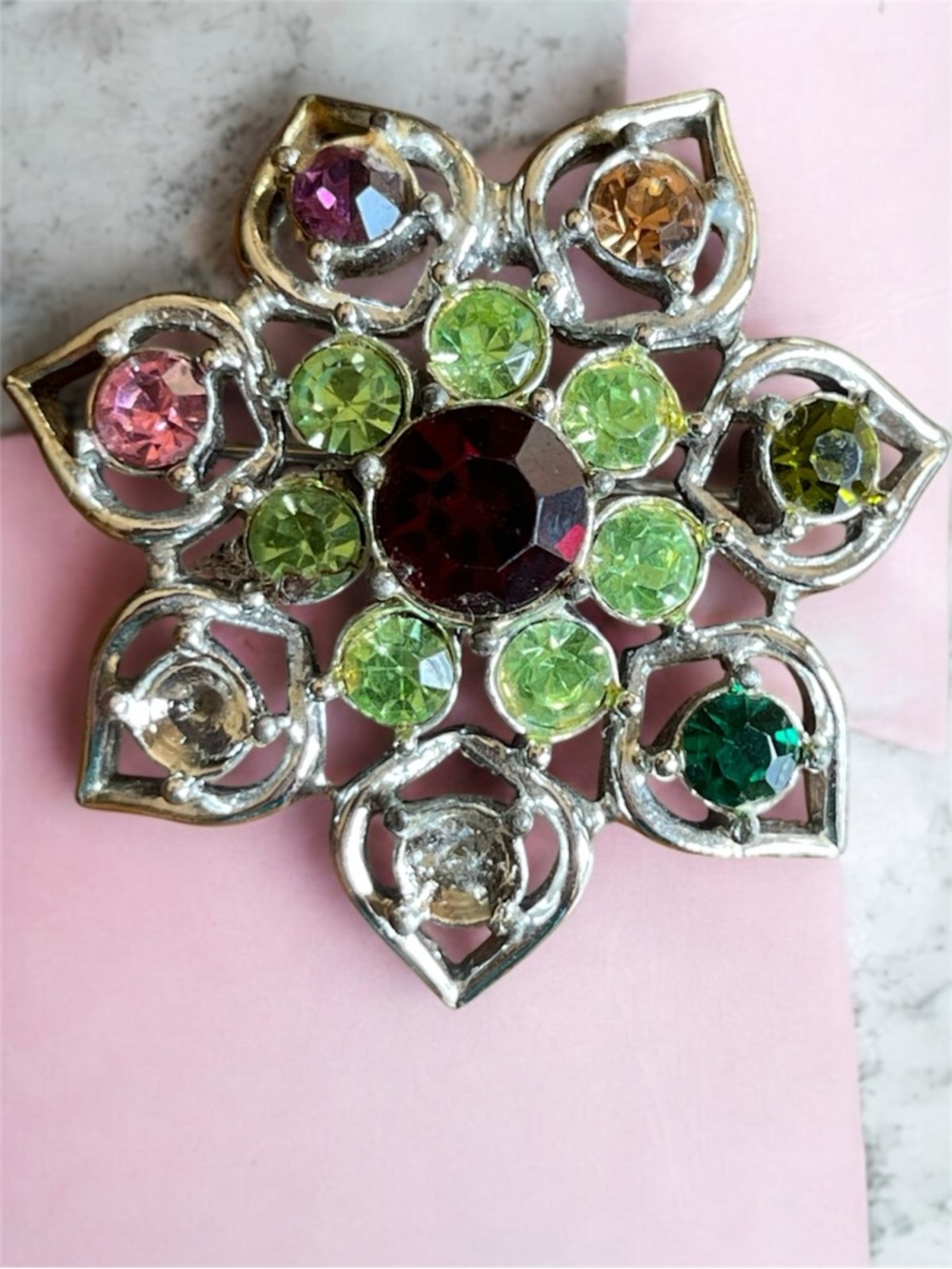 Vintage 60s Signed Emmons Silver Great Moments Star Flower Brooch Rhinestone